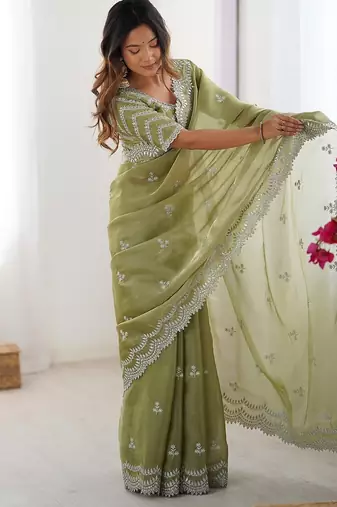 pista green color art silk blend thread sequince embroidered saree with blouse