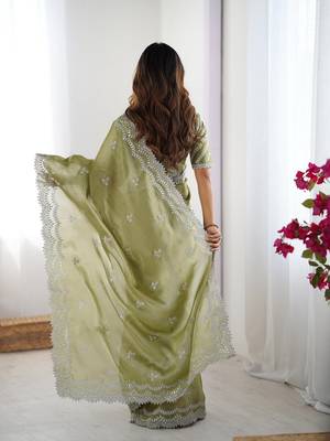 pista green color art silk blend thread sequince embroidered saree with blouse 3