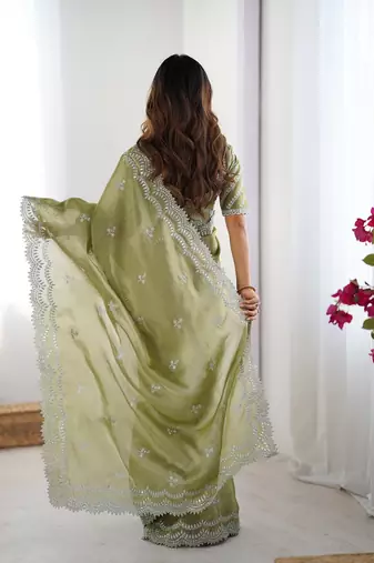 pista green color art silk blend thread sequince embroidered saree with blouse