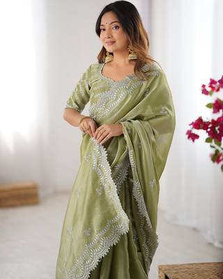 pista green color art silk blend thread sequince embroidered saree with blouse 4
