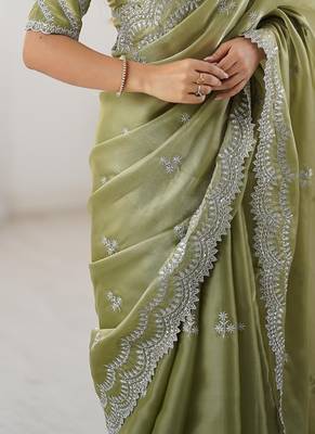 pista green color art silk blend thread sequince embroidered saree with blouse 5