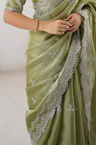 pista green color art silk blend thread sequince embroidered saree with blouse