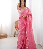 pink green color gold crush sequince embroidered saree with blouse