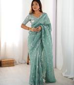 sky-blue green color gold crush sequince embroidered saree with blouse