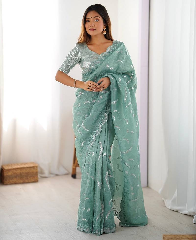 sky-blue green color gold crush sequince embroidered saree with blouse