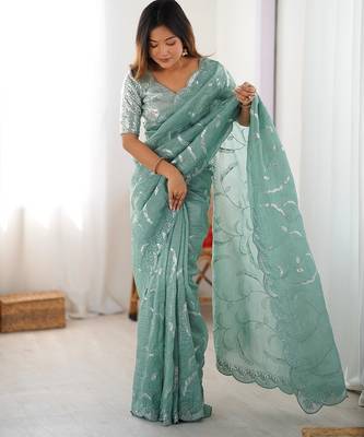 sky-blue green color gold crush sequince embroidered saree with blouse 2