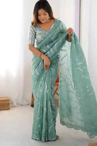sky-blue green color gold crush sequince embroidered saree with blouse