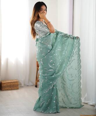 sky-blue green color gold crush sequince embroidered saree with blouse 3