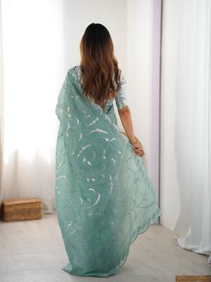 sky-blue green color gold crush sequince embroidered saree with blouse 4