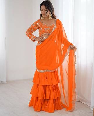 orange faux georgette thread sequince work ruffle saree with blouse 1