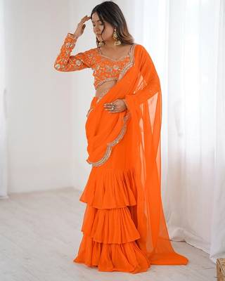 orange faux georgette thread sequince work ruffle saree with blouse 2