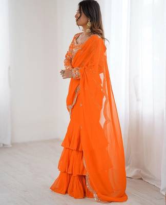 orange faux georgette thread sequince work ruffle saree with blouse 3