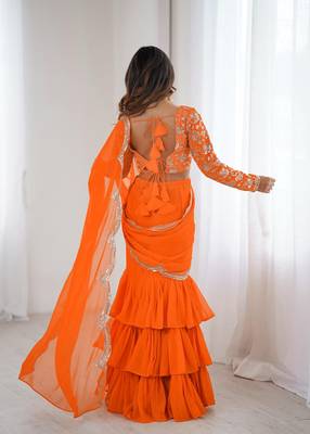 orange faux georgette thread sequince work ruffle saree with blouse 4