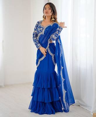 blue color faux georgette thread sequince work ruffle saree with blouse 1