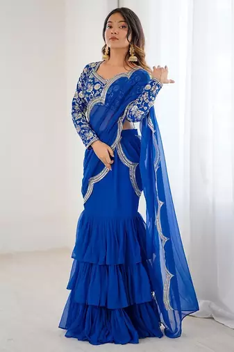 blue color faux georgette thread sequince work ruffle saree with blouse