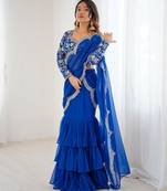 blue color faux georgette thread sequince work ruffle saree with blouse