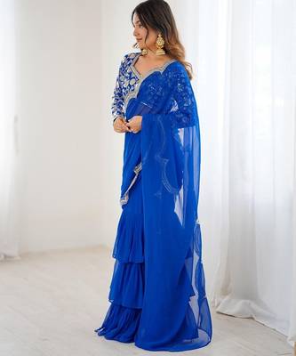 blue color faux georgette thread sequince work ruffle saree with blouse 2
