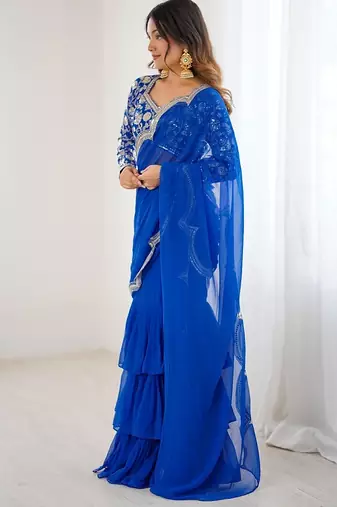 blue color faux georgette thread sequince work ruffle saree with blouse