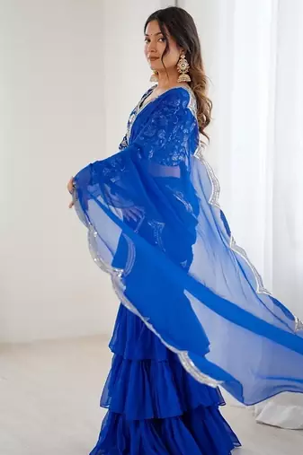 blue color faux georgette thread sequince work ruffle saree with blouse
