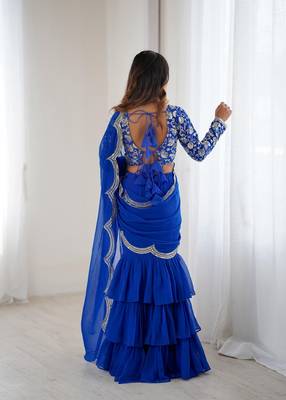 blue color faux georgette thread sequince work ruffle saree with blouse 4