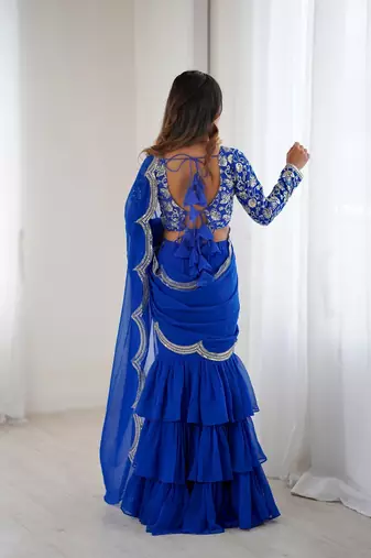blue color faux georgette thread sequince work ruffle saree with blouse