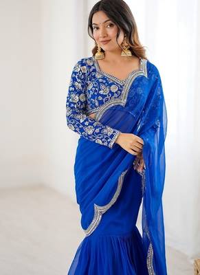 blue color faux georgette thread sequince work ruffle saree with blouse 5