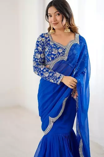 blue color faux georgette thread sequince work ruffle saree with blouse