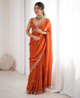 rust fendy art silk blend thread sequince work saree with blouse 1
