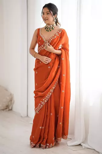 rust color fendy art silk thread sequince work saree with blouse