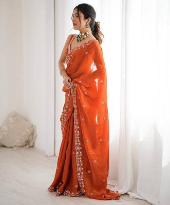 rust fendy art silk blend thread sequince work saree with blouse 2