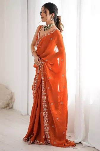 rust color fendy art silk blend thread sequince work saree with blouse