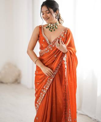 rust fendy art silk blend thread sequince work saree with blouse 3