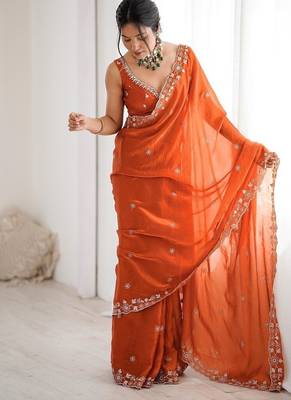 rust fendy art silk blend thread sequince work saree with blouse 4