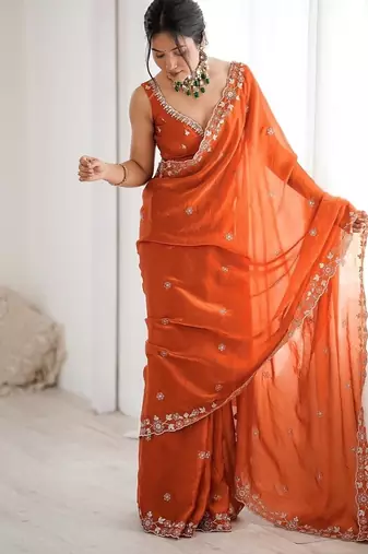 rust color fendy art silk blend thread sequince work saree with blouse