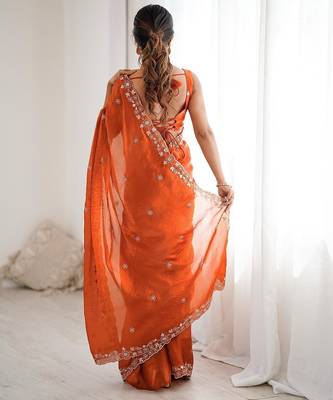 rust fendy art silk blend thread sequince work saree with blouse 5