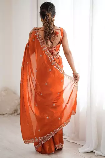 rust color fendy art silk blend thread sequince work saree with blouse