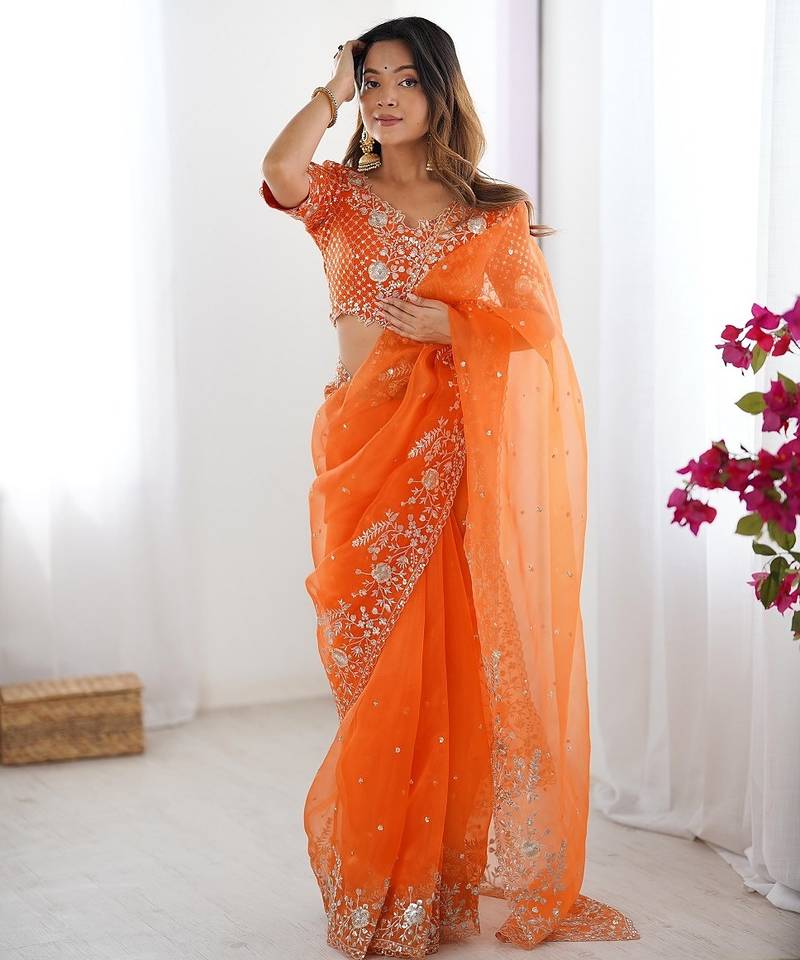 orange color oregenza silk thread sequince embroidered work saree with blouse