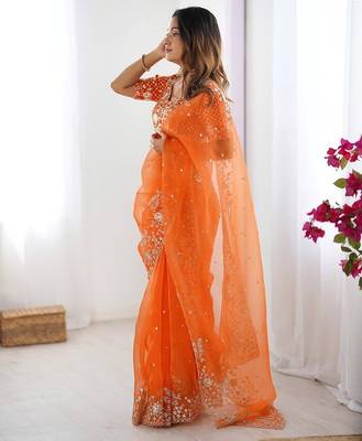orange oregenza silk blend thread sequince embroidered work saree with blouse 2