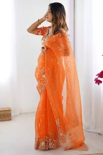 orange color oregenza silk blend thread sequince embroidered work saree with blouse