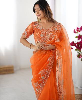 orange oregenza silk blend thread sequince embroidered work saree with blouse 3