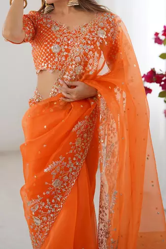 orange color oregenza silk blend thread sequince embroidered work saree with blouse