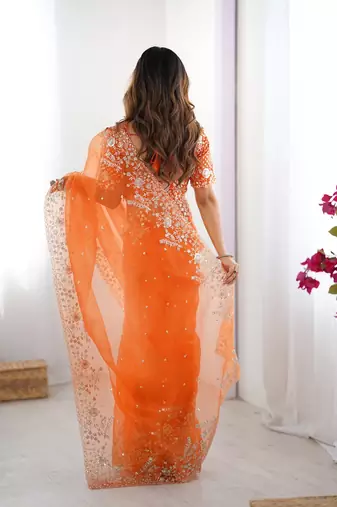 orange color oregenza silk blend thread sequince embroidered work saree with blouse