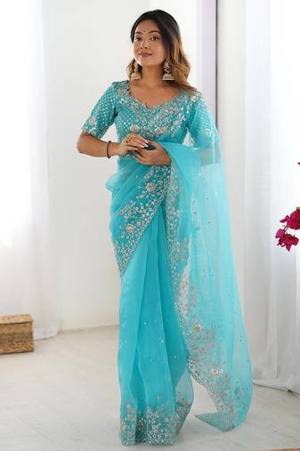 skyblue color oregenza silk thread sequince embroidered work saree with blouse