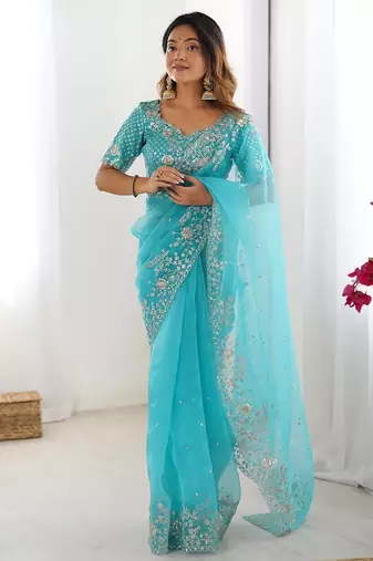 skyblue color oregenza silk thread sequince embroidered work saree with blouse