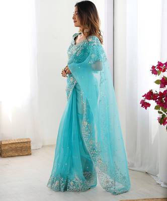 skyblue color oregenza silk blend thread sequince embroidered work saree with blouse 2