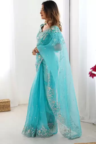 skyblue color oregenza silk blend thread sequince embroidered work saree with blouse