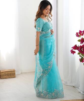 skyblue color oregenza silk blend thread sequince embroidered work saree with blouse 3