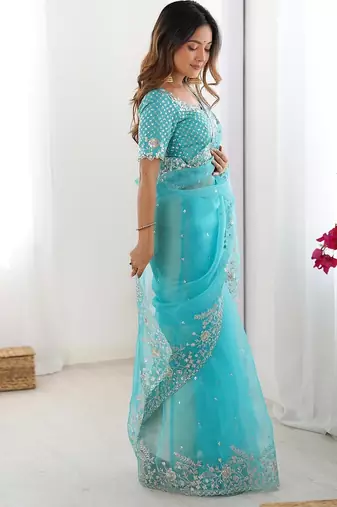 skyblue color oregenza silk blend thread sequince embroidered work saree with blouse