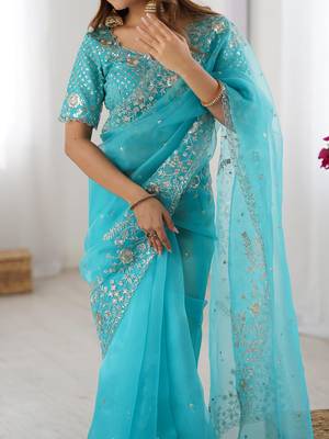 skyblue color oregenza silk blend thread sequince embroidered work saree with blouse 5