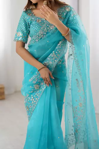 skyblue color oregenza silk blend thread sequince embroidered work saree with blouse